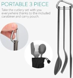 Navaris Campingbestek Van Titanium - Set Met Vork, Mes En Lepel - Bestekset Voor Onderweg En Op Reis - Inclusief Karabijnhaak En Bewaarzakje -Buiten Kamperen 1113x1200
