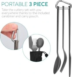 Navaris Campingbestek Van Titanium - Set Met Vork, Mes En Lepel - Bestekset Voor Onderweg En Op Reis - Inclusief Karabijnhaak En Bewaarzakje -Buiten Kamperen 1115x1200 3
