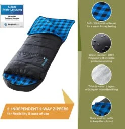 Skandika Dundee Flannel-L Slaapzak – Mummmieslaapzakken – Slaapzakken Volwassen - Maat M – Unisex - Katoen, Luxe Kwaliteit, Dubbele Slaapzak, 3 Seizoenen, Tot -20°C - 220 X 80 Cm - Outdoor Kampeerslaapzak – Ritssluiting Links - Zwart/blauw -Buiten Kamperen 1168x1200 1