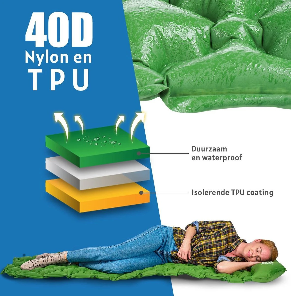 TRVLMORE Slaapmat - Zelfopblazend - 1 Persoons - Ingebouwde Pomp En Kussen - Groen 10 TRVLMORE Slaapmat - Zelfopblazend - 1 Persoons - Ingebouwde Pomp En Kussen - Groen - Afbeelding 8