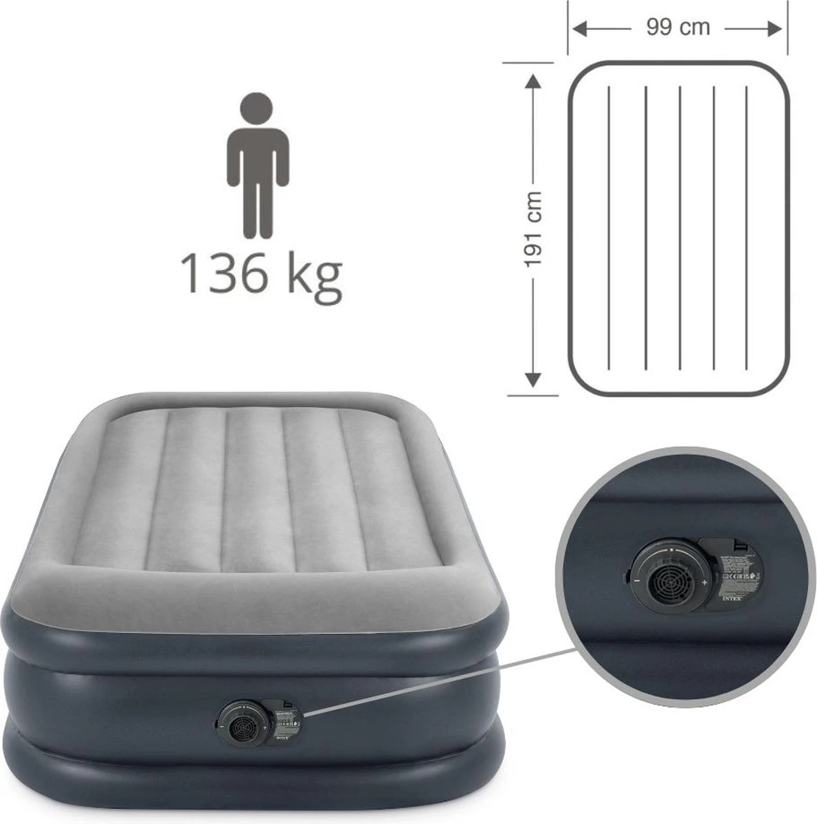 Intex Luchtbed - 1-Persoons - 99 X 191 X 42 Cm - Grijs - Met Pomp, Hoeslaken Zwart En Reparatieset 8 Intex Luchtbed - 1-Persoons - 99 X 191 X 42 Cm - Grijs - Met Pomp, Hoeslaken Zwart En Reparatieset - Afbeelding 6