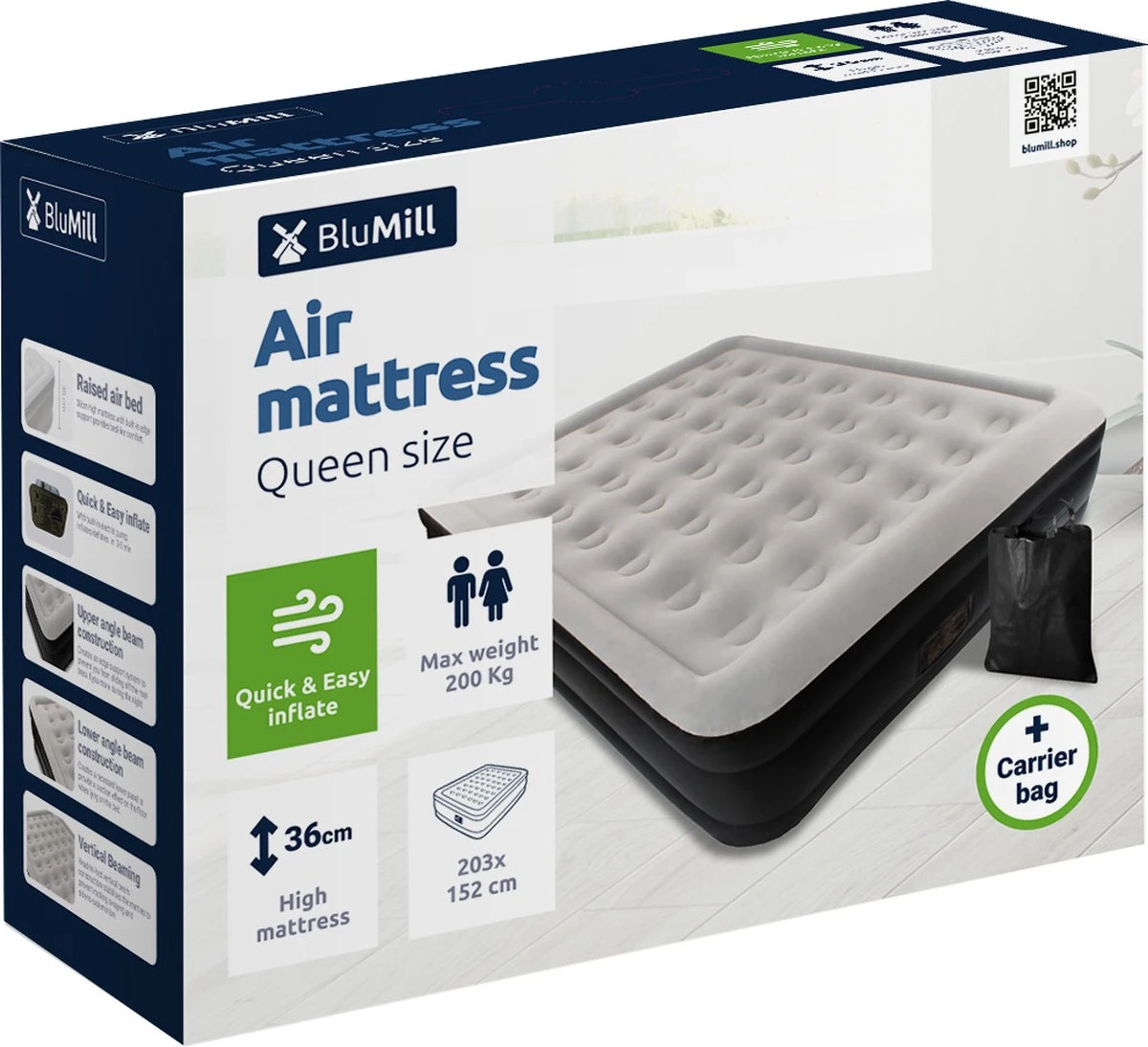 BluMill Luchtbed - 2-persoons - Ingebouwde Pomp - 203x152x36 Cm - Duurzame Keuze 9 BluMill Luchtbed - 2-persoons - Ingebouwde Pomp - 203x152x36 Cm - Duurzame Keuze - Afbeelding 7