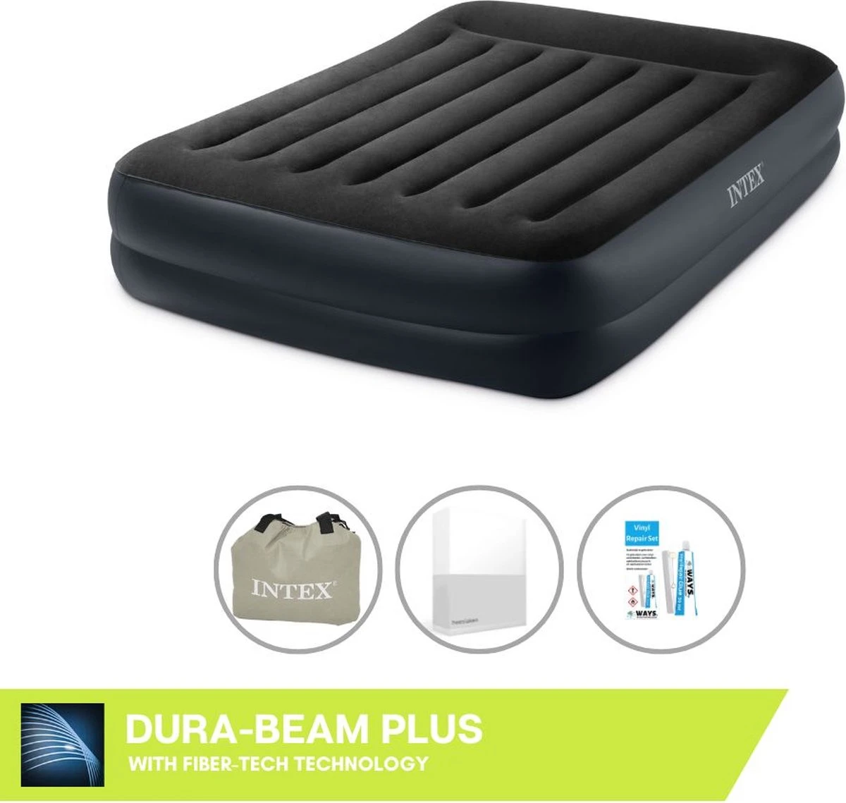 Intex Luchtbed - 2-Persoons - 152 X 203 X 42 Cm - Blauw - Met Pomp + Hoeslaken Wit + Reparatieset 3 Intex Luchtbed - 2-Persoons - 152 X 203 X 42 Cm - Blauw - Met Pomp + Hoeslaken Wit + Reparatieset