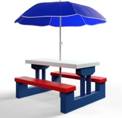 Merkloos Kinder Picknicktafel Met Parasol - Blauw -Buiten Kamperen 1200x1167 1