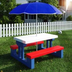 Merkloos Kinder Picknicktafel Met Parasol - Blauw -Buiten Kamperen 1200x1200 233