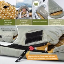 Skandika Dundee Flannel-R Slaapzak – Slaapzakken – Slaapzakken Volwassen - Maat M – Unisex - Katoen, Luxe Kwaliteit, Dubbele Slaapzak, 3 Seizoenen, Tot -20°C - 220 X 80 Cm - Outdoor Kampeerslaapzak – Ritssluiting Rechts - Grijs/geel -Buiten Kamperen 1200x1200 432