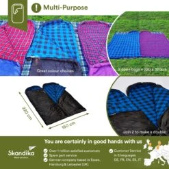 Skandika Dundee Flannel-L Slaapzak – Mummmieslaapzakken – Slaapzakken Volwassen - Maat M – Unisex - Katoen, Luxe Kwaliteit, Dubbele Slaapzak, 3 Seizoenen, Tot -20°C - 220 X 80 Cm - Outdoor Kampeerslaapzak – Ritssluiting Links - Zwart/blauw -Buiten Kamperen 1200x1200 441