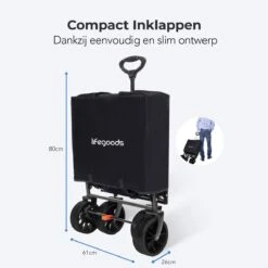 LifeGoods Bolderkar - Opvouwbaar - Tot 120KG - 103L - Extra Draagtas En Duwstang - Wasbaar Polyester - 98x45cm - Zwart/Grijs -Buiten Kamperen 1200x1200 599