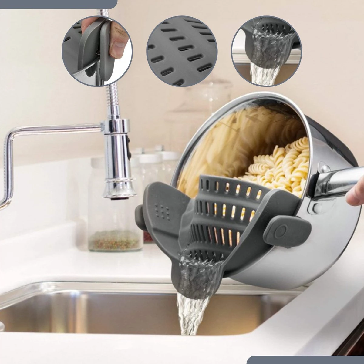 SensaHome- Siliconen Vergiet - Keuken Afgietdeksel - Afgiethulp - Siliconen - BPA Vrij - Grijs 9 SensaHome- Siliconen Vergiet - Keuken Afgietdeksel - Afgiethulp - Siliconen - BPA Vrij - Grijs - Afbeelding 7