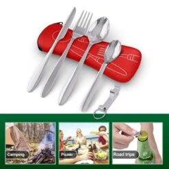 Roestvrij Staal Bestek (kampeerset) – Draagbare Reislepels, -vork En -mes Voor Festivals, Camping Of Trektochten - Wordt Geleverd Met Een Neopreen Draagtasje Met Een Lichtgewicht Flesopener -Buiten Kamperen 1200x1200 698
