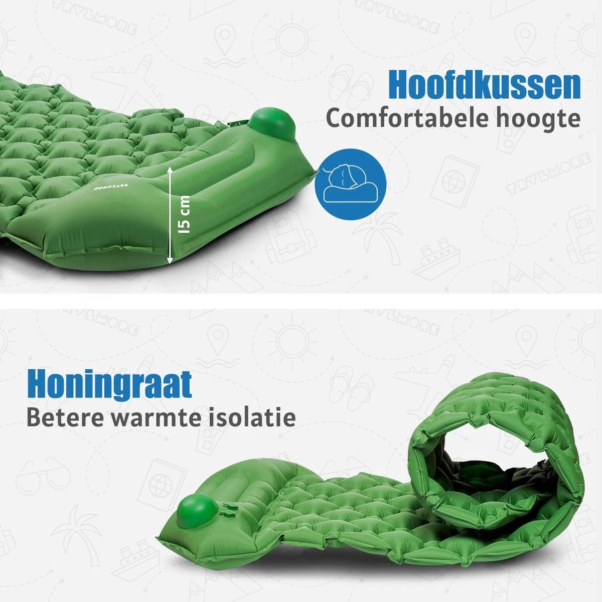 TRVLMORE Slaapmat - Zelfopblazend - 1 Persoons - Ingebouwde Pomp En Kussen - Groen 11 TRVLMORE Slaapmat - Zelfopblazend - 1 Persoons - Ingebouwde Pomp En Kussen - Groen - Afbeelding 9
