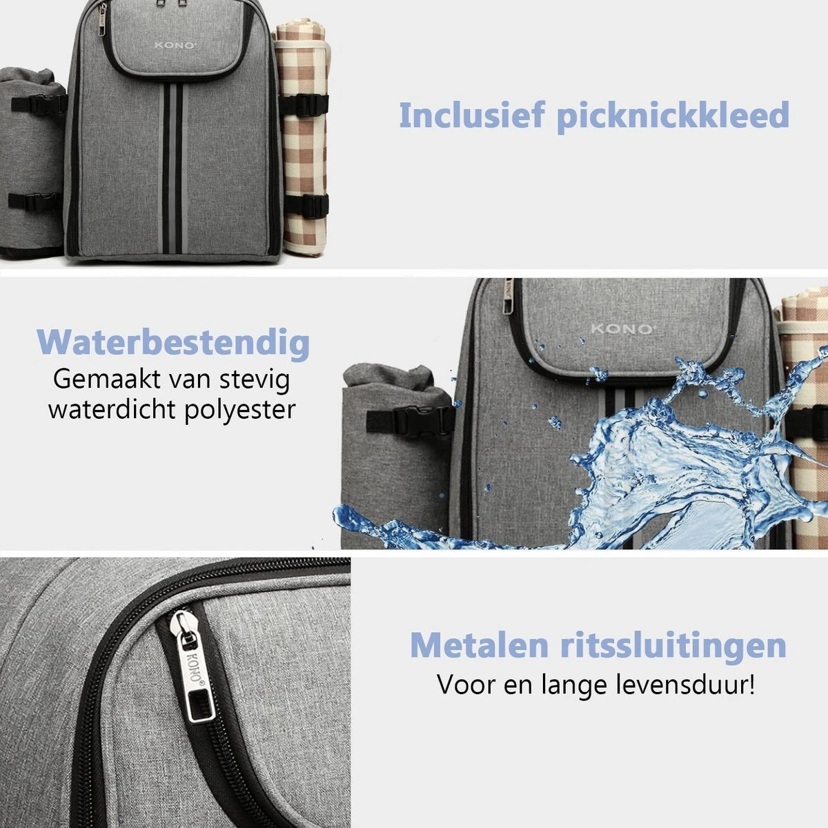 Kono Koeltas - Koelrugzak - Picknick - Picknicktas Met Flessenhouder - Koelrugtas Met Picknickkleed - Grijs (E6915 GY) 11 Kono Koeltas - Koelrugzak - Picknick - Picknicktas Met Flessenhouder - Koelrugtas Met Picknickkleed - Grijs (E6915 GY) - Afbeelding 9