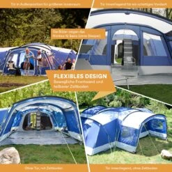 Skandika Nimbus Sleeper 12 Tent – Koepeltenten – 12 Persoons Familietent - Campingtent – Muggengaas – Sleeper Technology (3 Extra Donkere Slaapcabines) – 760 X 630 X 215 Cm (LxBxH) – 5000 Mm Waterkolom – Camping, Tuin – Kamperen – Blauw/wit -Buiten Kamperen 1200x1200 874
