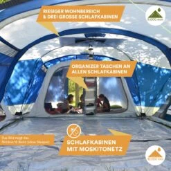 Skandika Nimbus Sleeper 12 Tent – Koepeltenten – 12 Persoons Familietent - Campingtent – Muggengaas – Sleeper Technology (3 Extra Donkere Slaapcabines) – 760 X 630 X 215 Cm (LxBxH) – 5000 Mm Waterkolom – Camping, Tuin – Kamperen – Blauw/wit -Buiten Kamperen 1200x1200 875