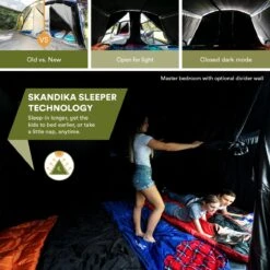 Skandika Montana 8 Sleeper Tent – Tunneltent – 8 Persoons Familietent - Campingtent – Sleeper Technology (2 Tot 4 Extra Donkere Slaapcabines) – Ingenaaide Tentvloer - Muggengaas – 700 X 310 X 200 Cm (LxBxH) – 5000mm Waterkolom – Kamperen – Blauw/wit -Buiten Kamperen 1200x1200 909