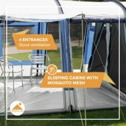 Skandika Montana 8 Tent – Tunneltenten – 8 Persoons Tent – Campingtent – 200 Cm Stahoogte – 2-4 Slaapcabines - Muggengaas – Familietent – 4 Ingangen – 700 X 310 X 200 Cm (L X B X H) - 5000 Mm Waterkolom – Outdoor, Camping – Kamperen – Blauw -Buiten Kamperen 1200x1200 914