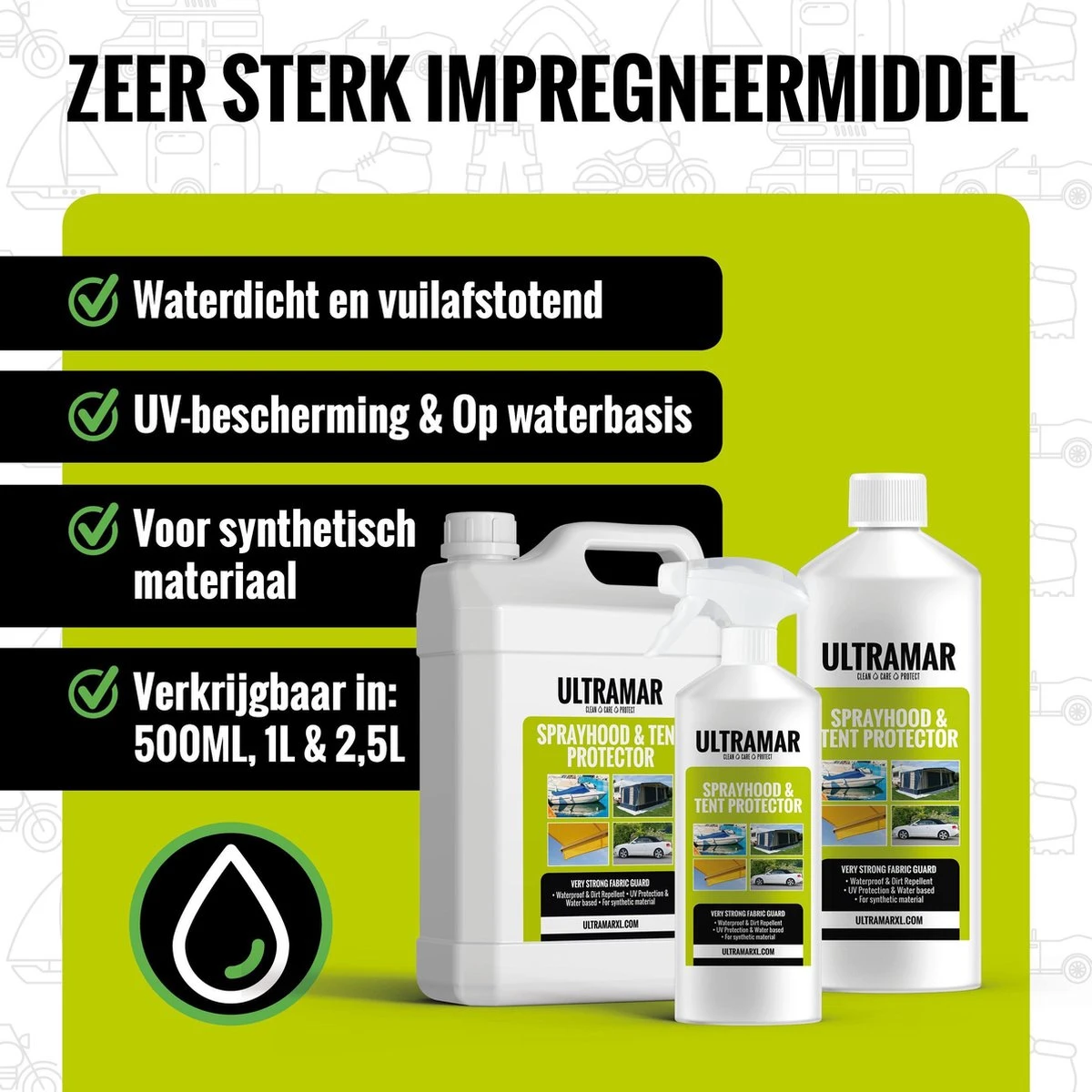 Ultramar - Sprayhood & Tent Protector 2,5L - Impregneermiddel Voor Bootkap, Tent, Cabriodak - Maakt Waterdicht En Geeft Extra Bescherming 5 Ultramar - Sprayhood & Tent Protector 2,5L - Impregneermiddel Voor Bootkap, Tent, Cabriodak - Maakt Waterdicht En Geeft Extra Bescherming - Afbeelding 3